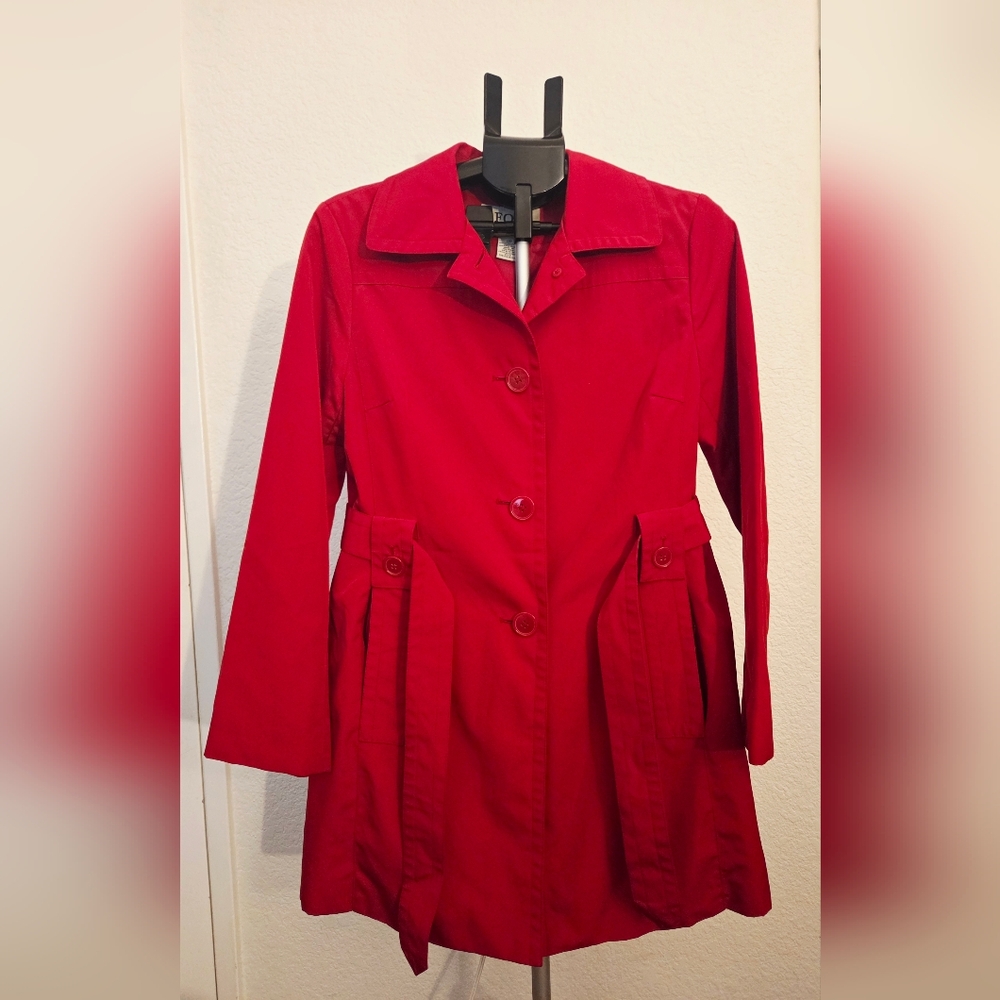 London Fog Red Trench Coat S | Belted Button Front Jacket | Classic Spring Coat